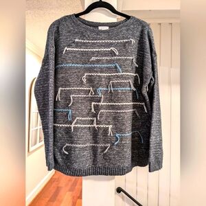 J.Jill Pure Jill Fringe Tassel Gray Heather Artisanal Stripes Sweater,Sz. SMALL